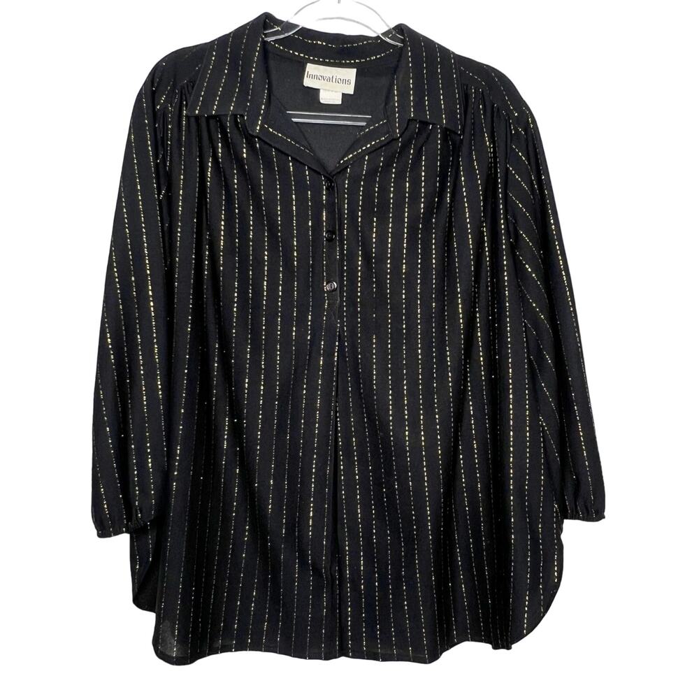 INNOVATIONS Vintage 1/4 Button Up Long Sleeve Blouse Black Gold Womens Size 10
